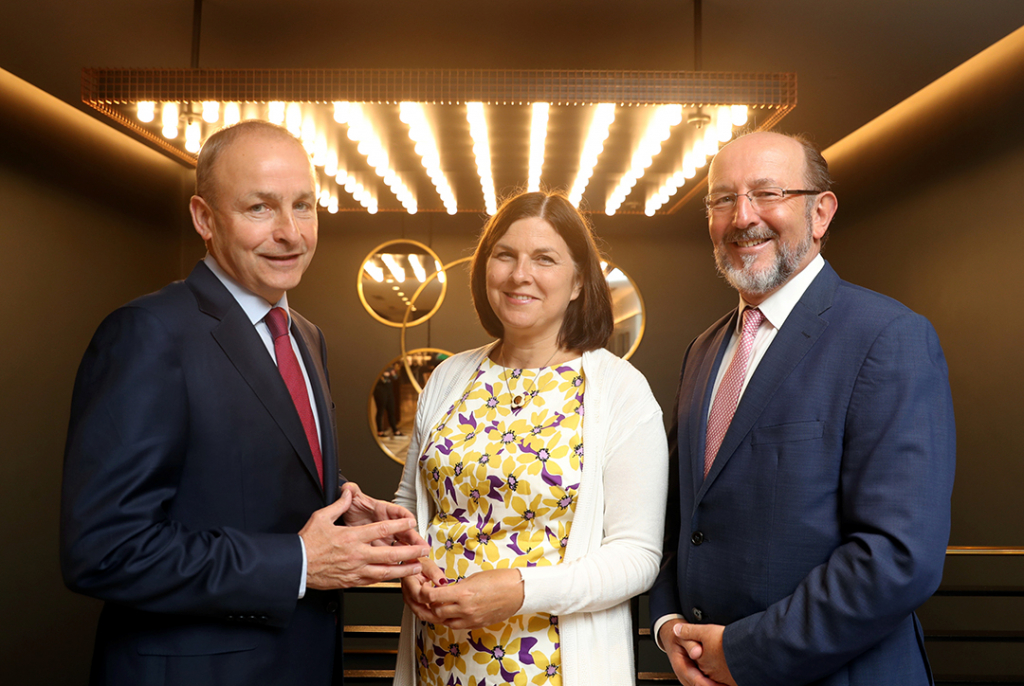 Leader of Fianna Fáil Micheál Martin with Dr Lisa Keating, Director of Research and Innovation at IUA and Prof. Brian MacCraith, Chair of IUA and President of DCU.