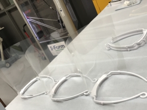 Assembled face shields in the I-Form lab at UCD