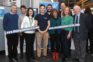 Team members, from left to right; Seamus O’Hara (NEWKD), Evan Boyle (MaREI), Deirdre de Bhailís (Dingle Hub), Connor McGookin, Niall O’Leary, Clare Watson & Brian Ó Gallachóir (MaREI), Claire McElligott (ESB Networks), Brendan Tuohy (Dingle Hub) 