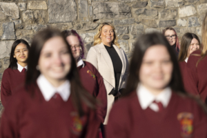 Dr Katriona O'Sullivan with students from Mercy Secondary School Inchicore