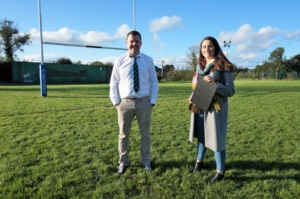 Professor Claire Gillan from Trinity College Dublin with Monaghan rugby player Mark McArdle who was part of the first triallists of Claire’s Neureka App which tracks all types of compulsive behaviour .