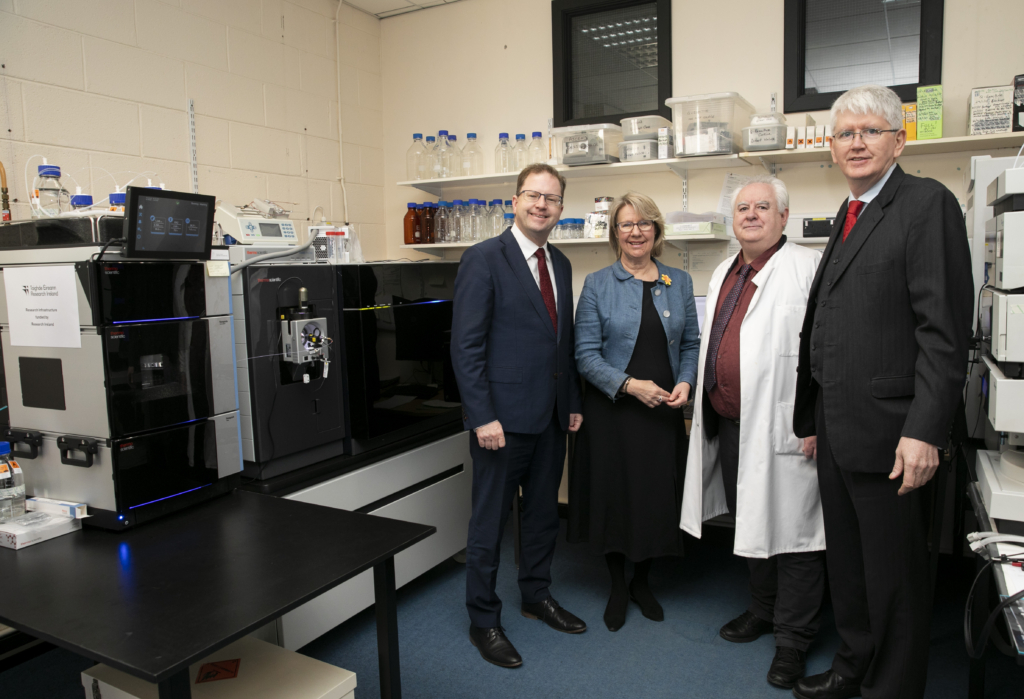 Minister James Lawless, Prof Eeva Leinonen, Prof Sean Boyle MU Dept of Biology and Jim Miley